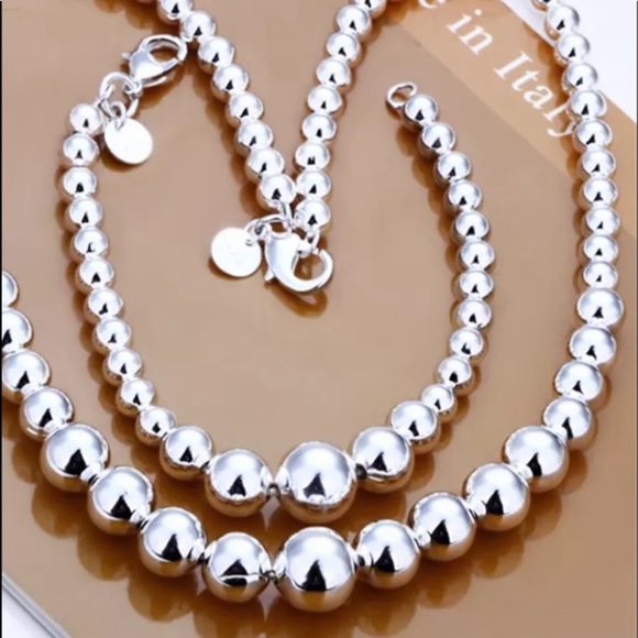 STERLING SILVER BEADED BALL MATCHING NECKLACE BRACELET SET - Picture 2 of 12